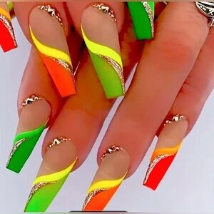 24 pcs Colorful Coffin Press On Nails with Rhinestones and Glitter